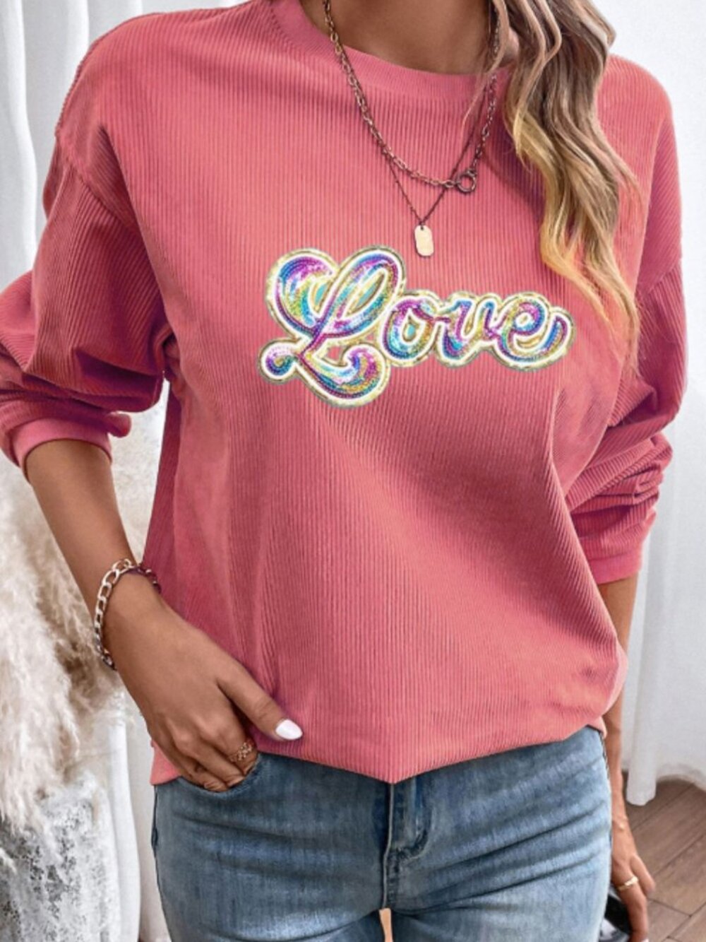 LOVE Pink Round Neck Long Sleeve Sweatshirt